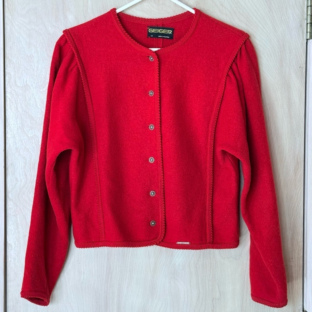 Vtg Geiger of Austria Wool Red Cardigan Jacket Puffed Sleeve S M L